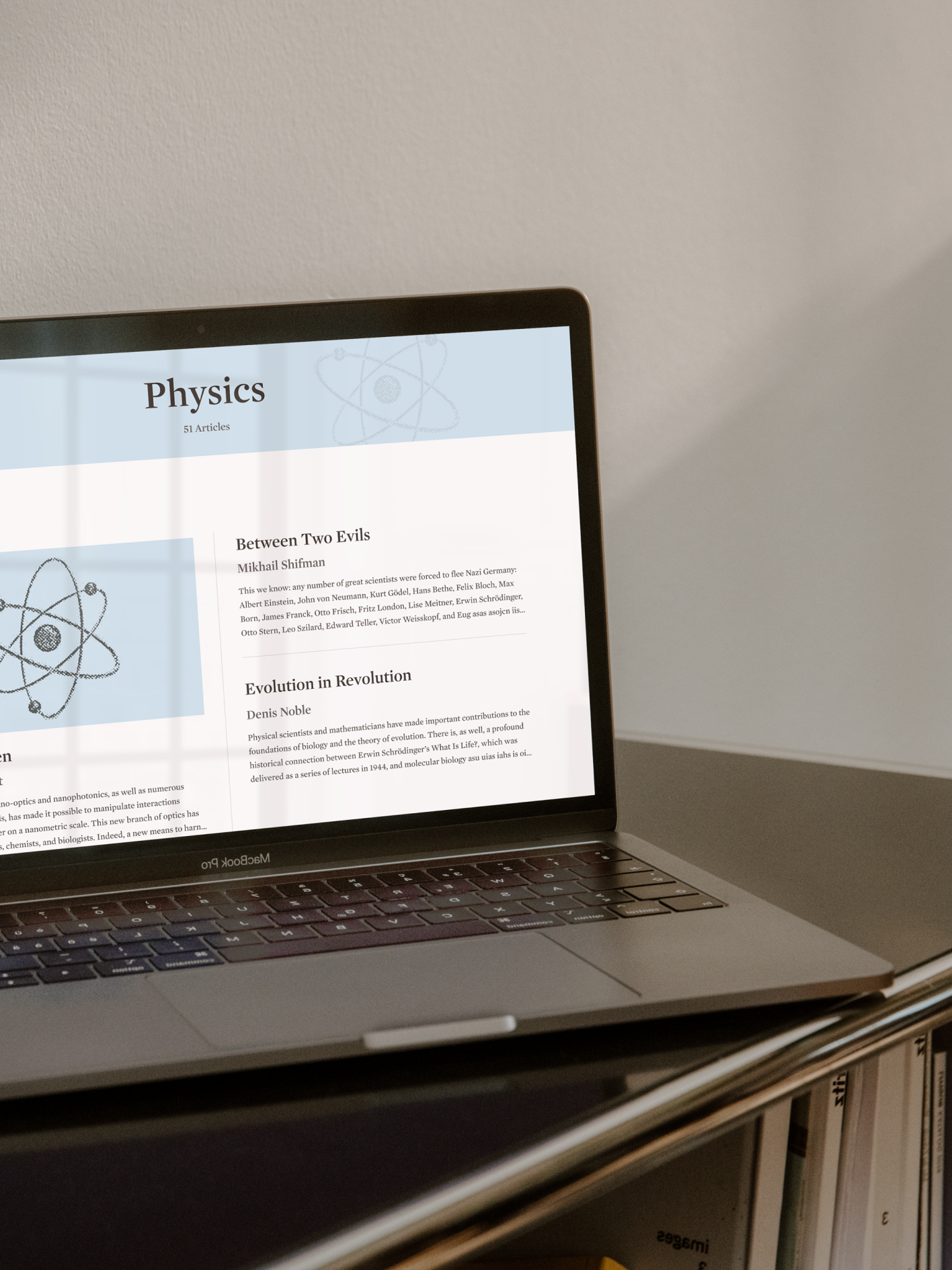 A desktop view showing all the articles inside a specific category (i.e. Physics)