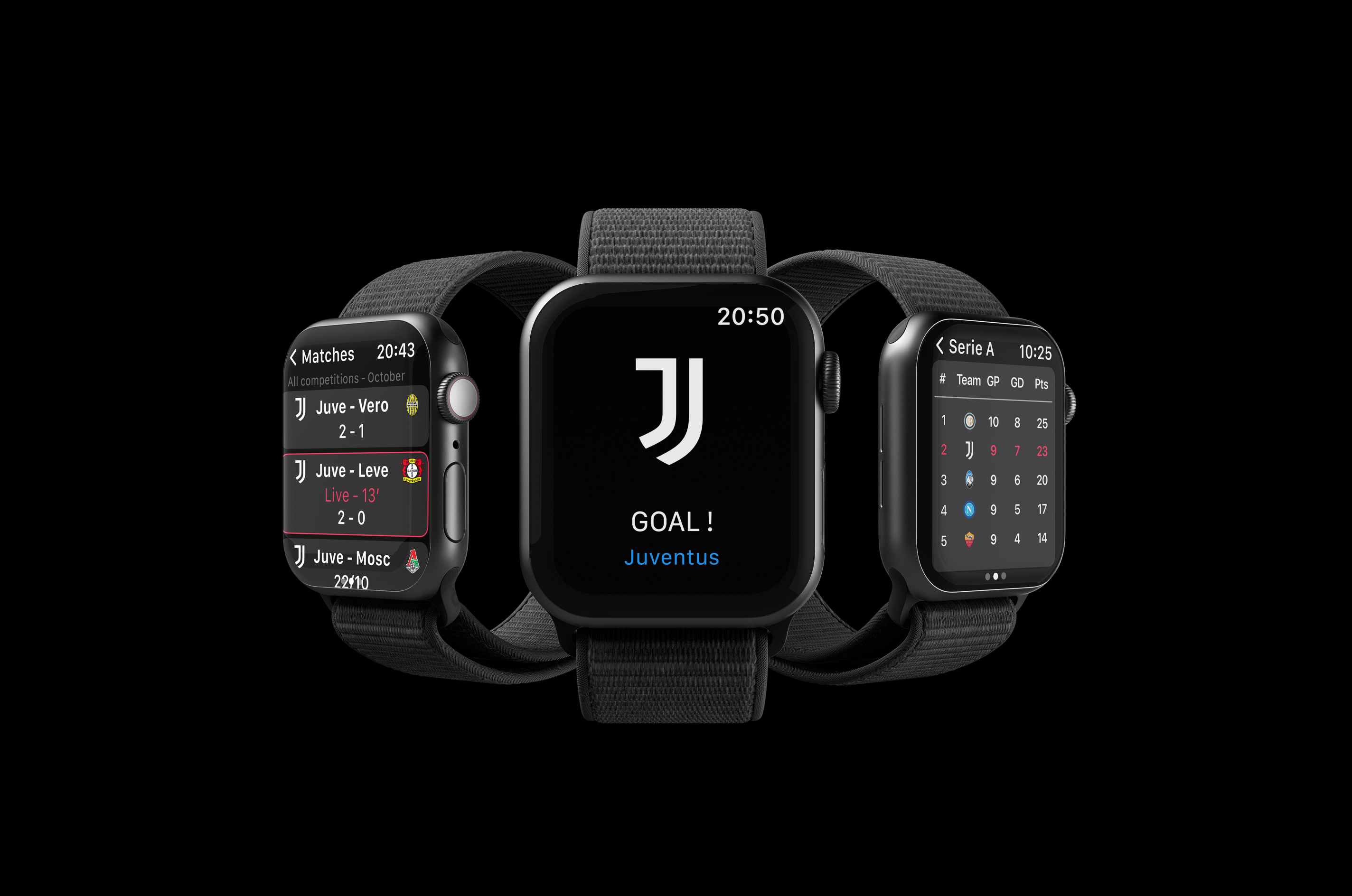 the mobile interface adapts to the smartwatch view, in this case showing in three different screens: (1)  all the Juventus matches scheduled in October, (2) The notification of a goal and who made it, (3) The team leaderboard for Major league