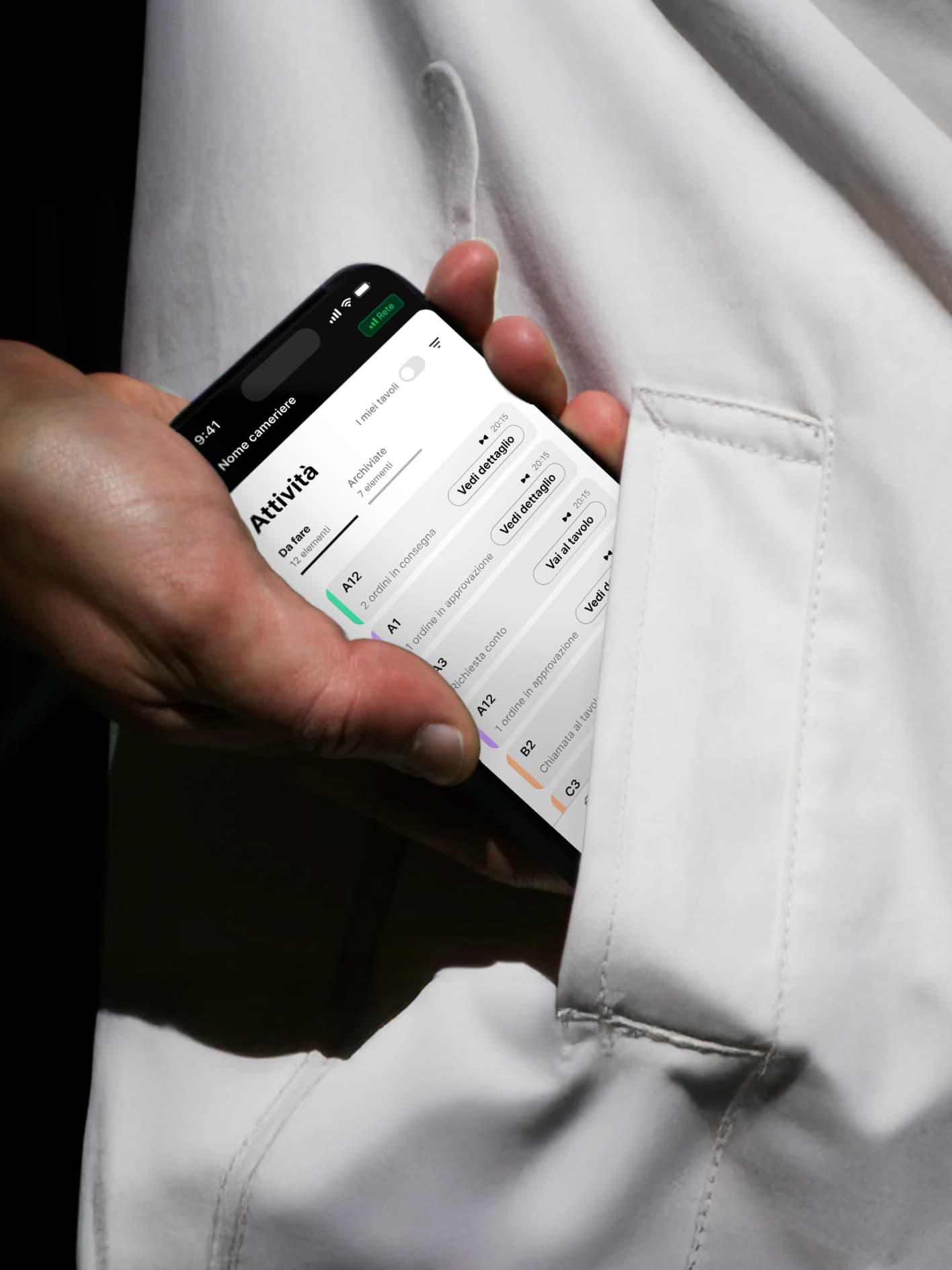 The image shows a close-up on the "activity" section, namely the place where the waiter monitor the tables status and what he has to do.