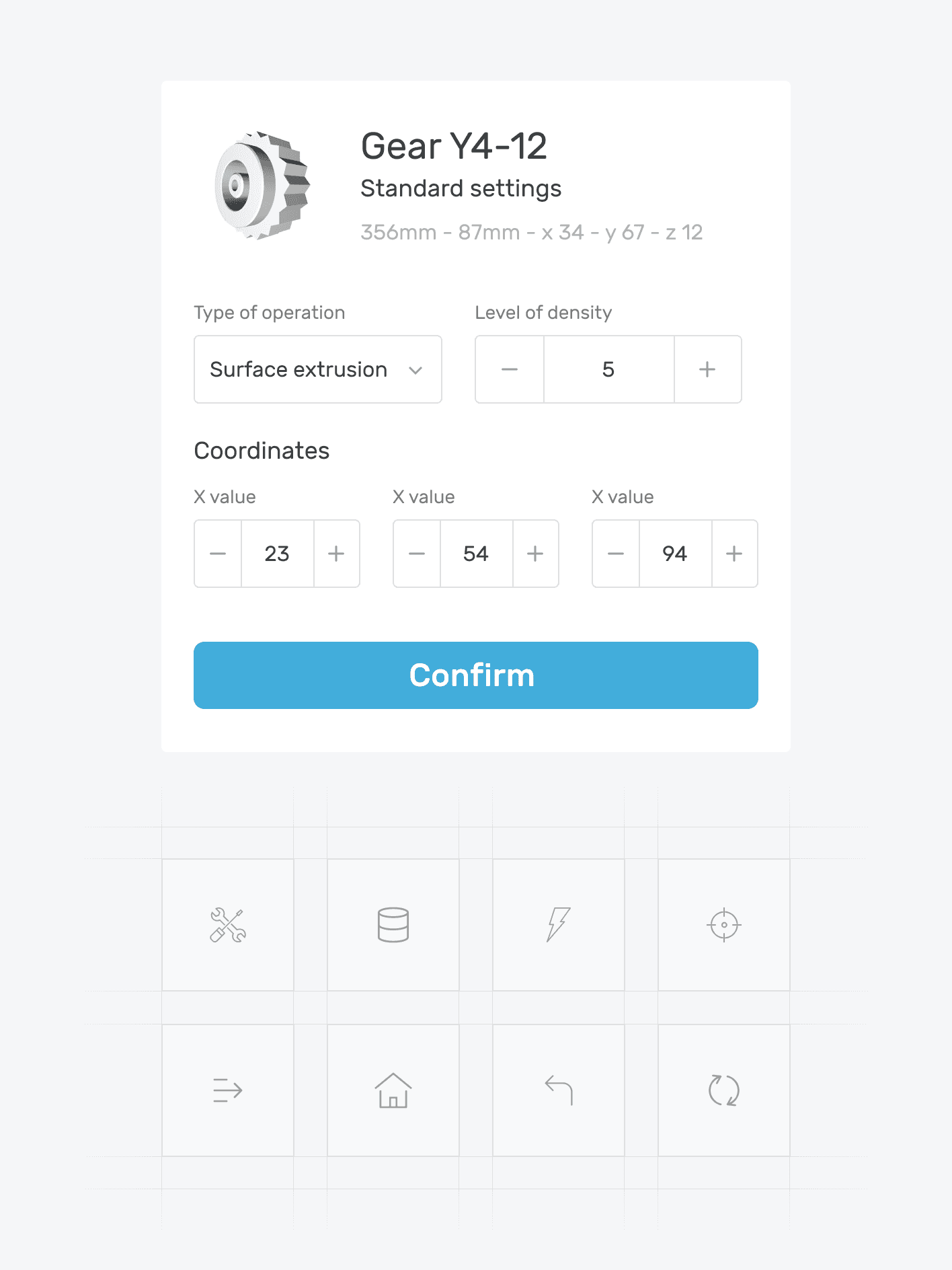 A UI component showing some technical parameters to produce a component, link the "Type of operation", the "Level of density" and the "Coordinates"