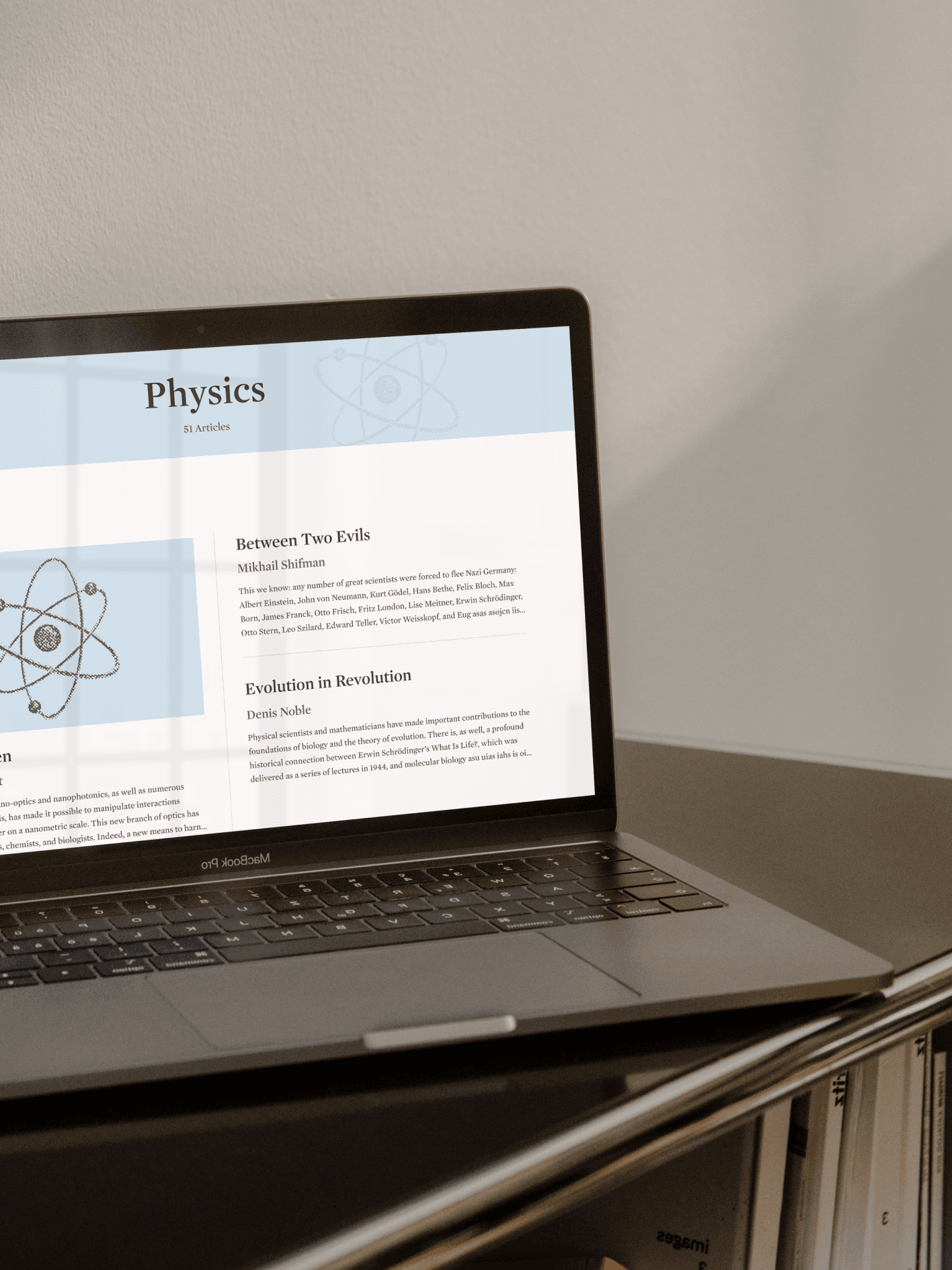A desktop view showing all the articles inside a specific category (i.e. Physics)