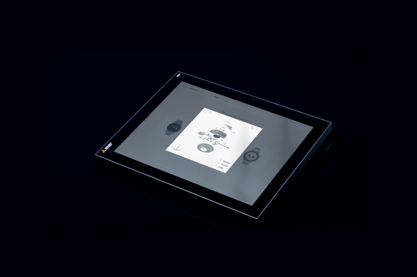 A tablet view showing how, by clicking on the model of a watch, it is possible to display all the components needed to produce it and their order