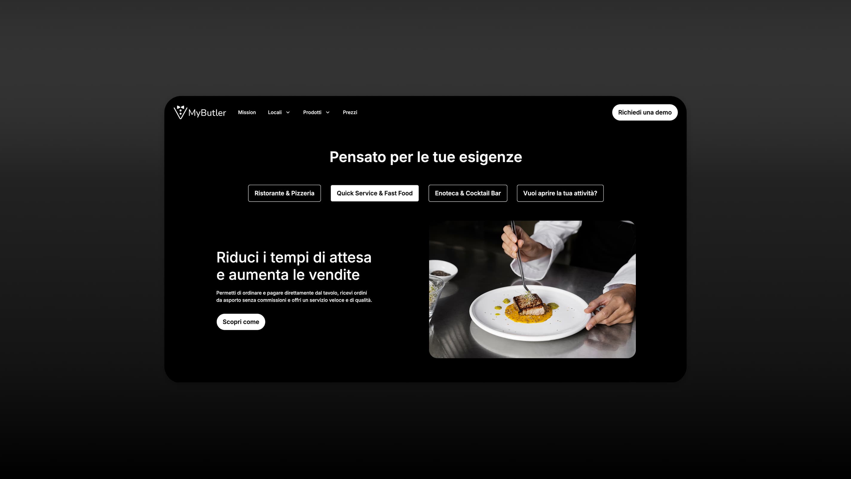 A close-up on one of the website pages, showing how the service adapt itself based on the typology of activity covered (from restaurant to cocktail bar)
