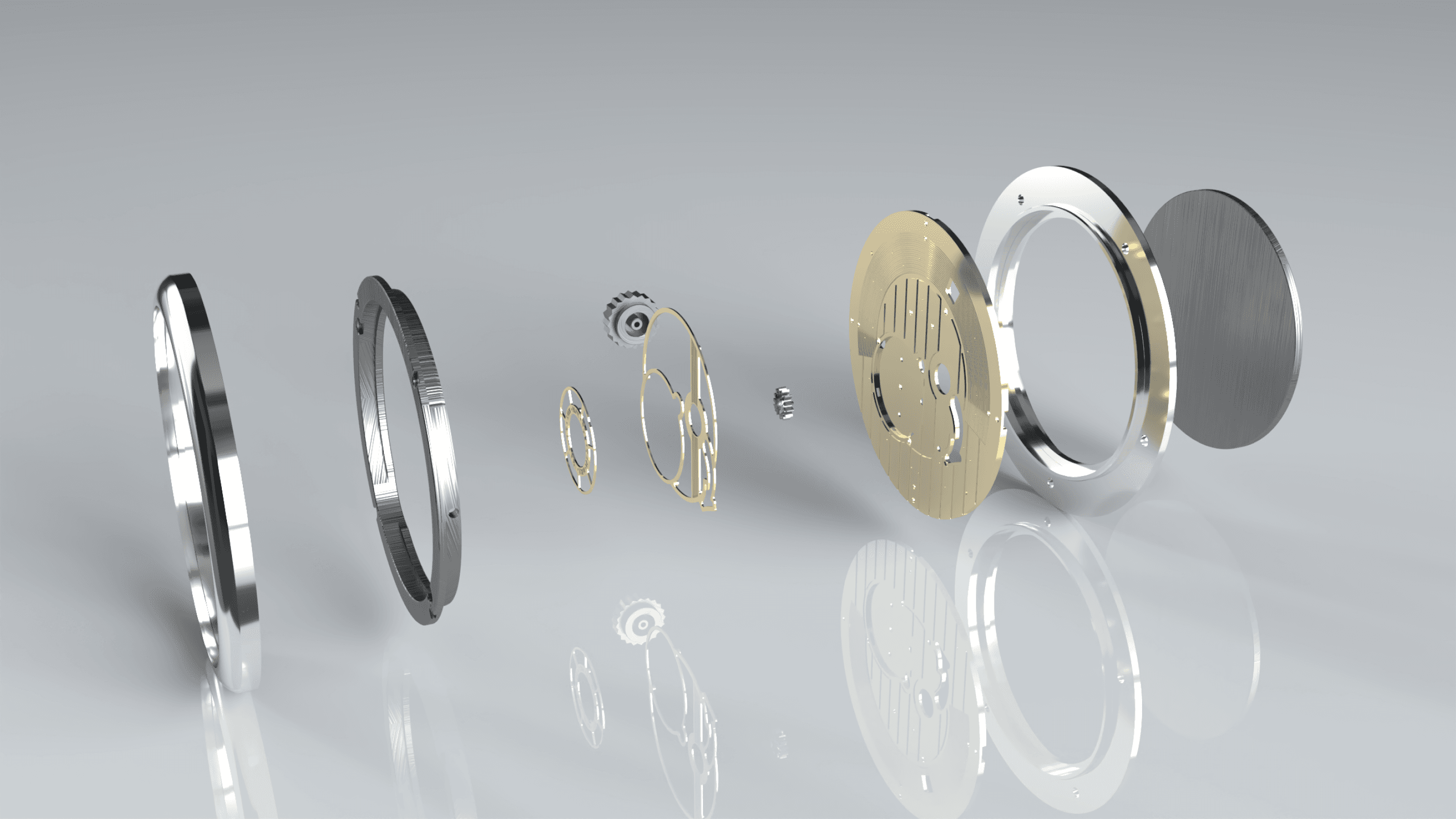An explosion view of the clock components produced by the machine