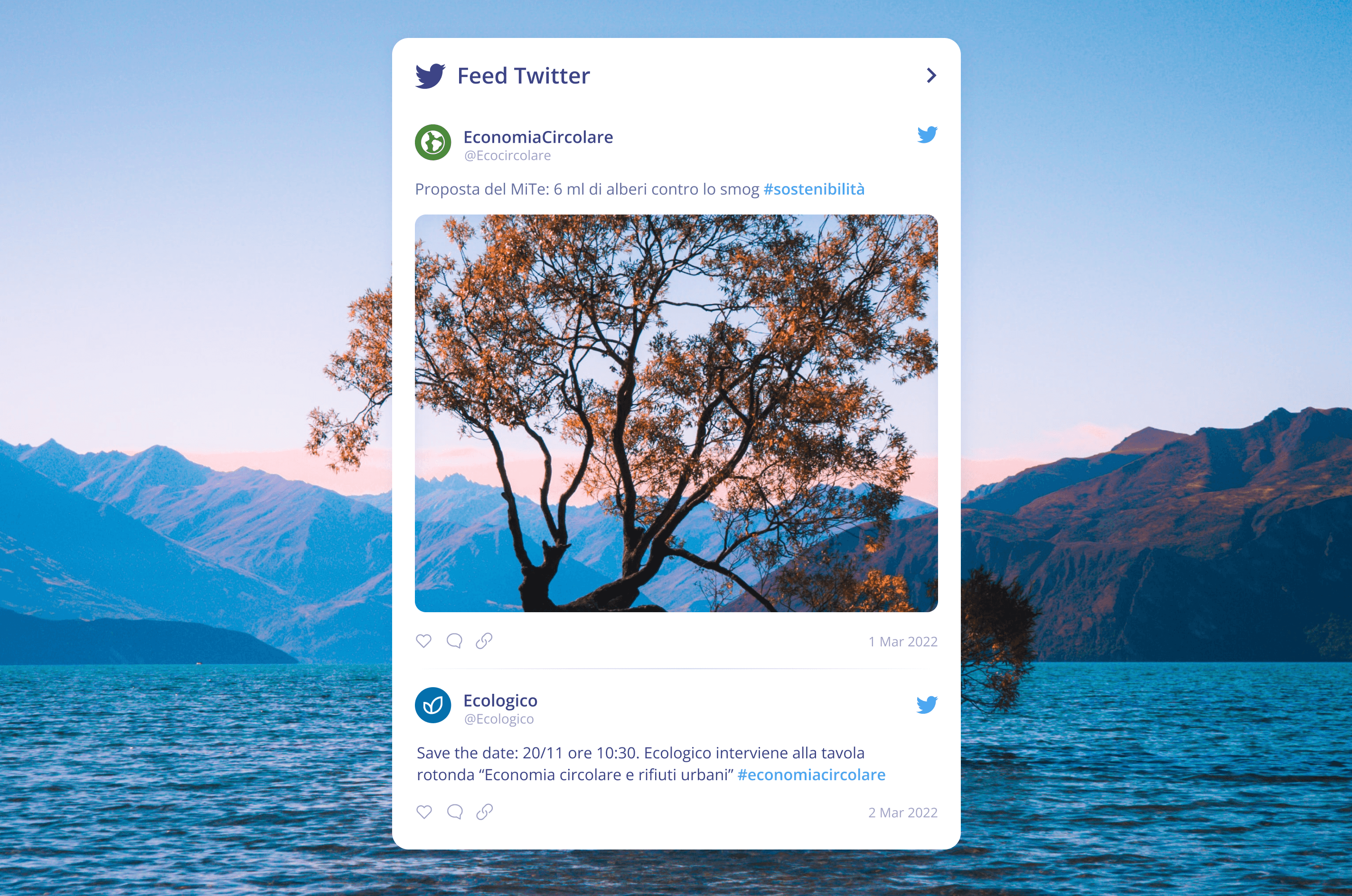 Esempio di post su Twitter rispetto all'economia circolare: "Proposta del MiTe: 6 ml di alberi contro lo smog #sostenibilità"