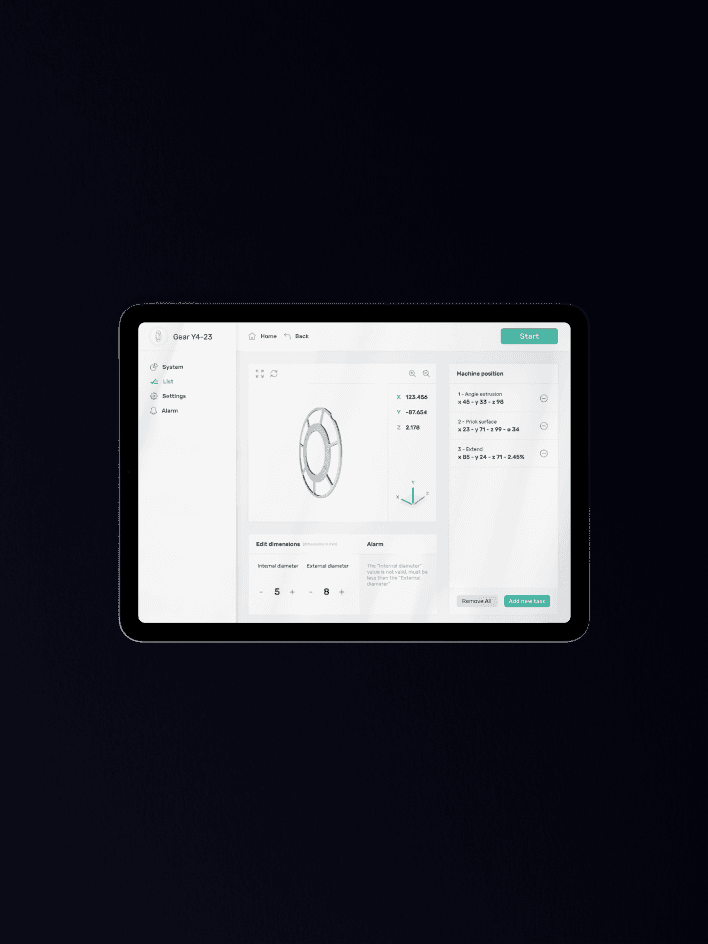 A tablet view showing how to start production of a component after choosing the size and task to be performed by the machine