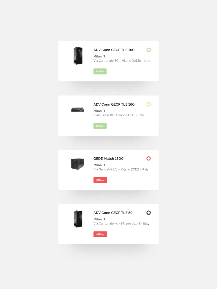 4 Power supplies cards. For each one of them the user can see the power supply picture, name, location, status, last event